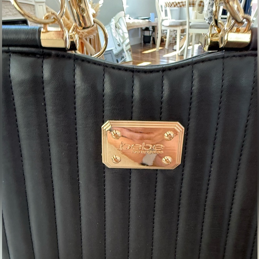 Bebe Black and‎ Gold Quilted Satchel with Elegant Hardware - Picture 2 of 5